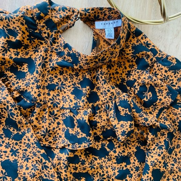 👛(ANY 2/$25) TOPSHOP High Neck Blouse Orange Black Floral Puffed Sleeve/Ruffle - Picture 6 of 10